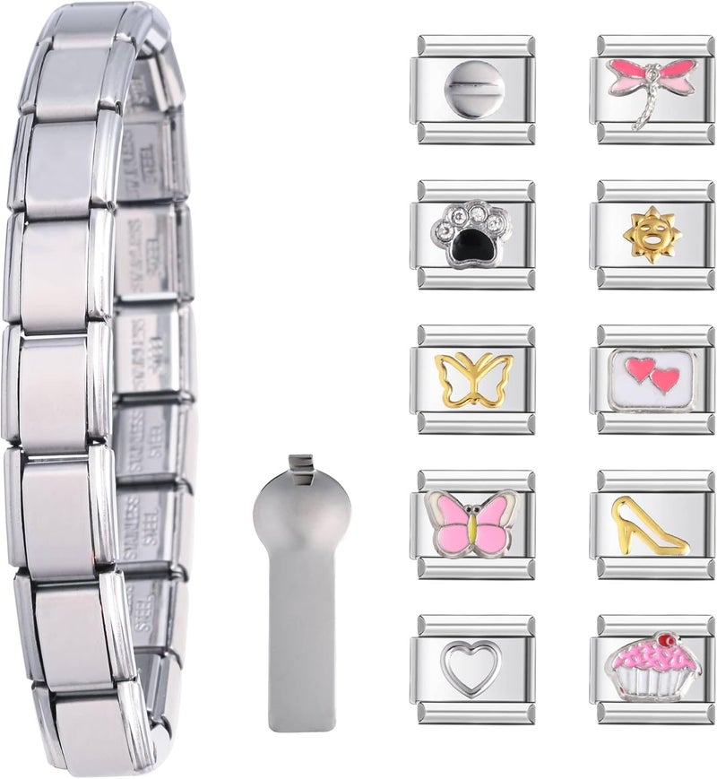 Gracayfr 10 Pcs Italian Charm Bracelet, Diy Italian Charms, Classic 2000S Cute Modular Link Starter Charm Bracelet Jewelry Halloween Christmas Day Gifts For Women Girl With Tool - Image 1